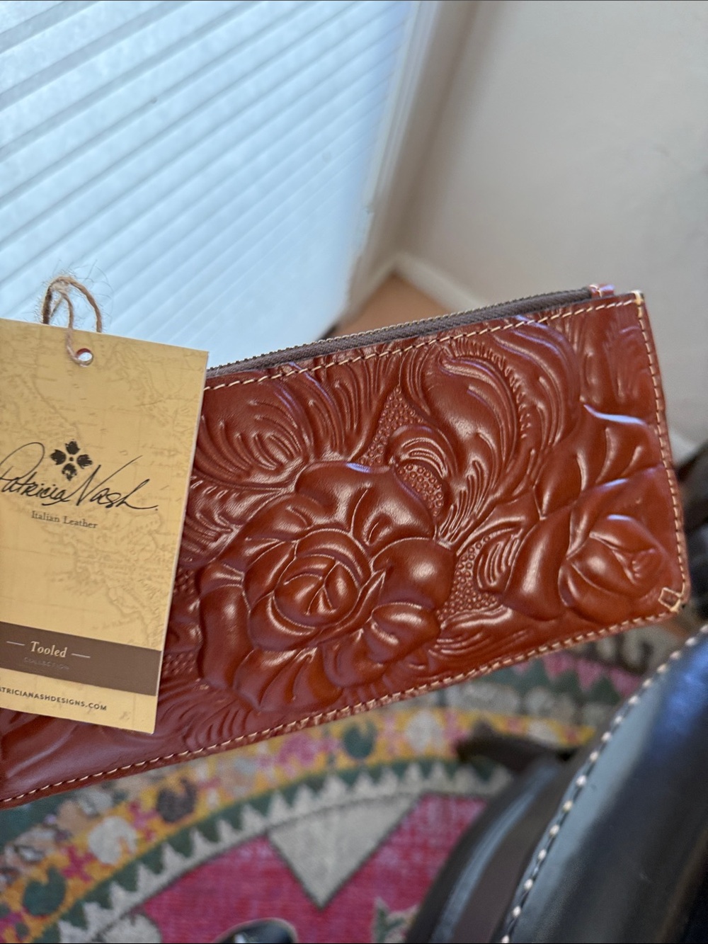 NWT Patricia Nash Tooled Chestnut Brown Floral Leather Zip Wallet